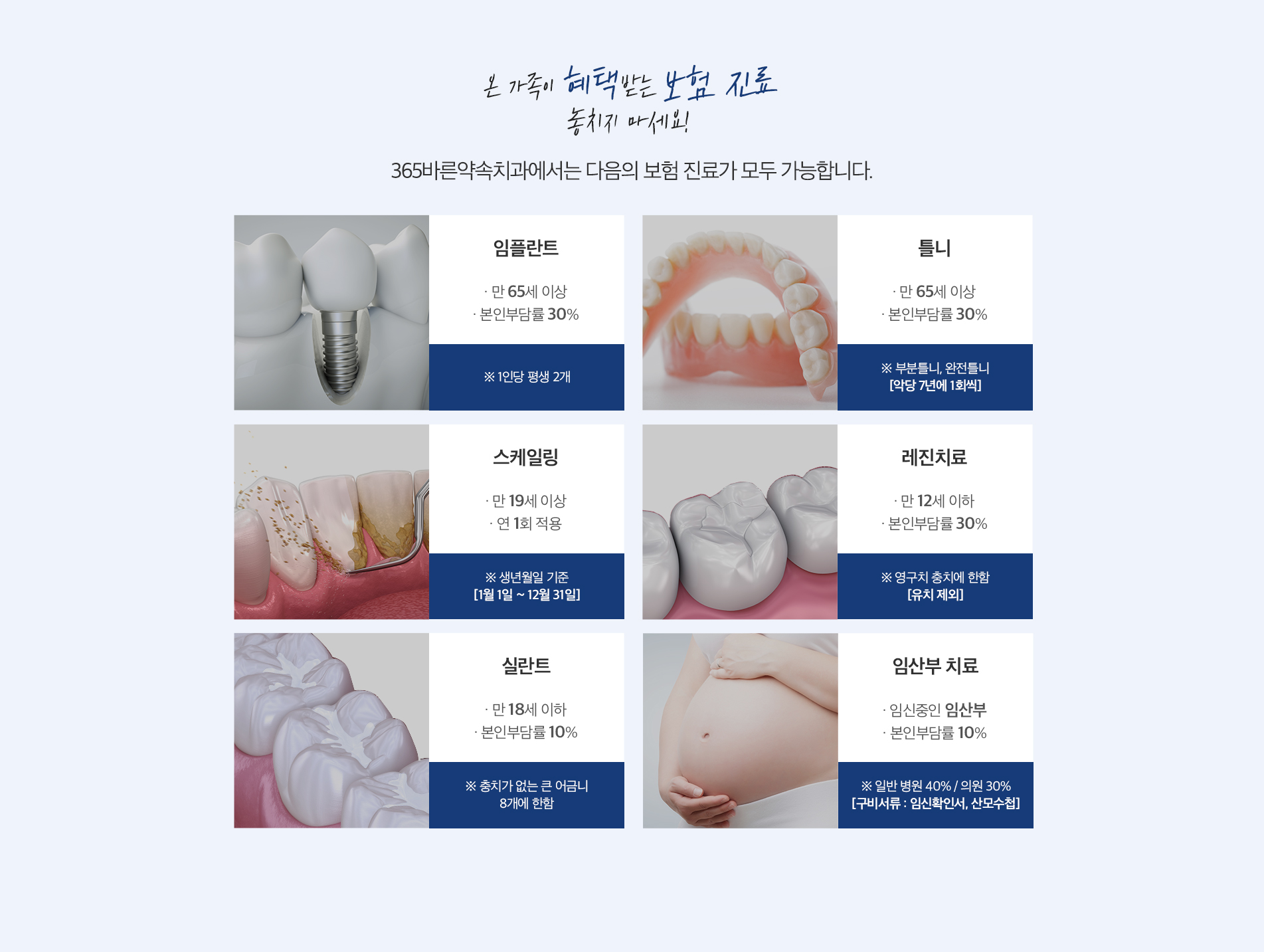 365바른약속치과에서는 다음의 보험 진료가 모두 가능합니다.